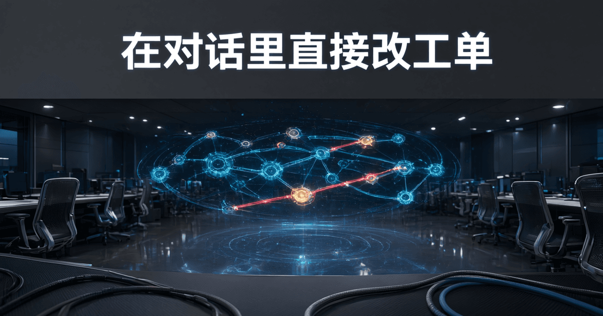 企业运维指挥区纵深场景中悬浮着由发光节点与光带组成的流程网络,红色数据流依次点亮节点