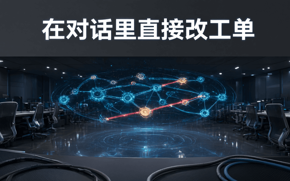 企业运维指挥区纵深场景中悬浮着由发光节点与光带组成的流程网络,红色数据流依次点亮节点
