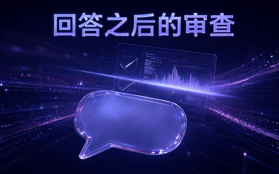 对话气泡后方悬浮的发光审计面板与数据流,顶部中文标题「回答之后的审查」