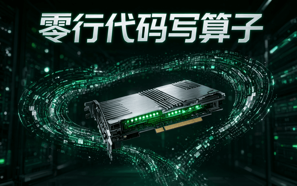 服务器机箱旁的发光代码螺旋与芯片剖面,顶部中文标题「零行代码写算子」