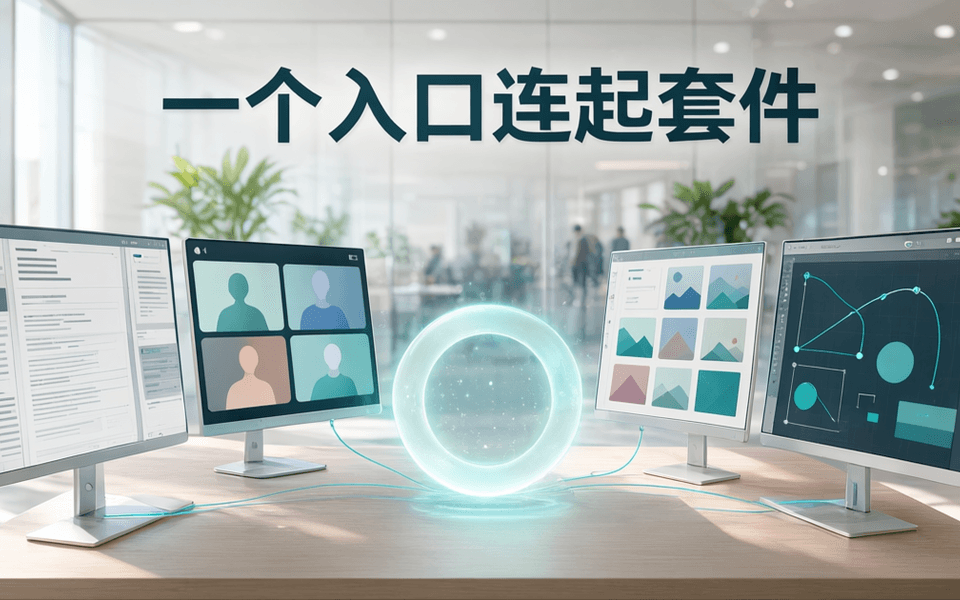 现代办公桌面多块屏幕向中央一个发光入口汇聚,顶部中文标题「一个入口连起套件」